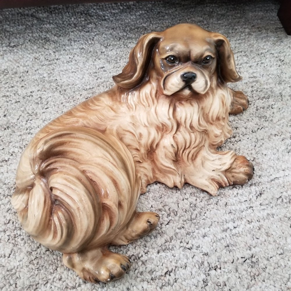 Vintage Marwal large dog statue ~ plaster - chalkware ~ SHIH TZU? PEKINESE?